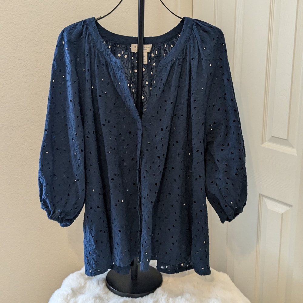 Calypso St Barth Blue Eyelet Blouse 3X Boho Peasant Puff Sleeve Top